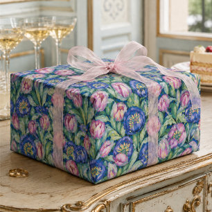 Mitternachts-Tulpen-Garten Florales Rosa und Blau Geschenkpapier