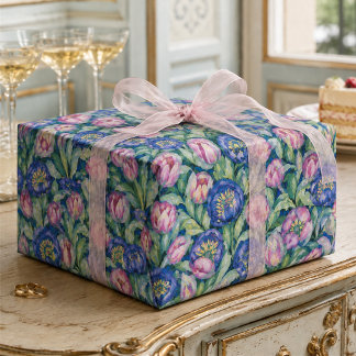 Mitternachts-Tulpen-Garten Florales Rosa und Blau Geschenkpapier