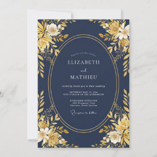 Mitternachts-Warmgold-Blüten-Hochzeit Einladung