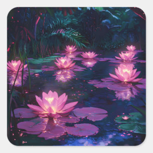 Mitternachts-Zen-Natur Rosa Lotus-Teich Quadratischer Aufkleber