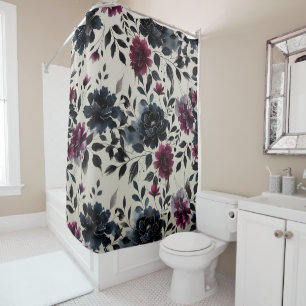 Mitternachtsblau Burgund Inky Floral Beige Duschvorhang