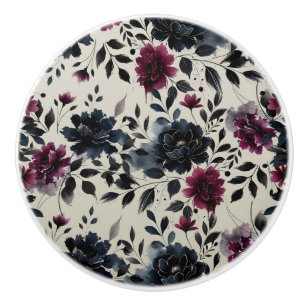 Mitternachtsblau Burgund Inky Floral Mandel-Beige Keramikknauf