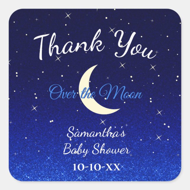 Mitternachtsblau über dem Mond Babydusche Danke Quadratischer Aufkleber (Vorderseite)