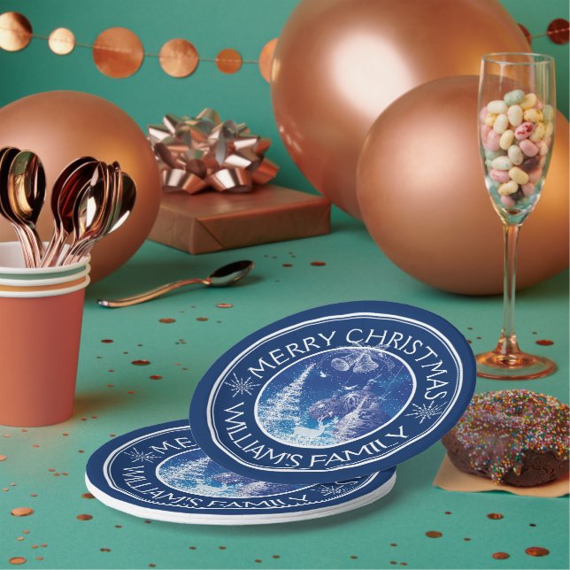 Mitternachtsblau und Weiß verzaubert Weihnachten Pappteller (Multi)