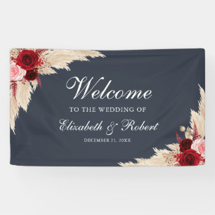 Mitternachtsblaue Burgunderrosen Willkommen Hochze Banner