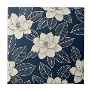 Mitternachtsblaue Elfenbein-Magnolie Modern Floral Fliese