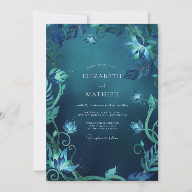 Mitternachtsblaue Eukalyptus-Hochzeit Einladung (Vorderseite)