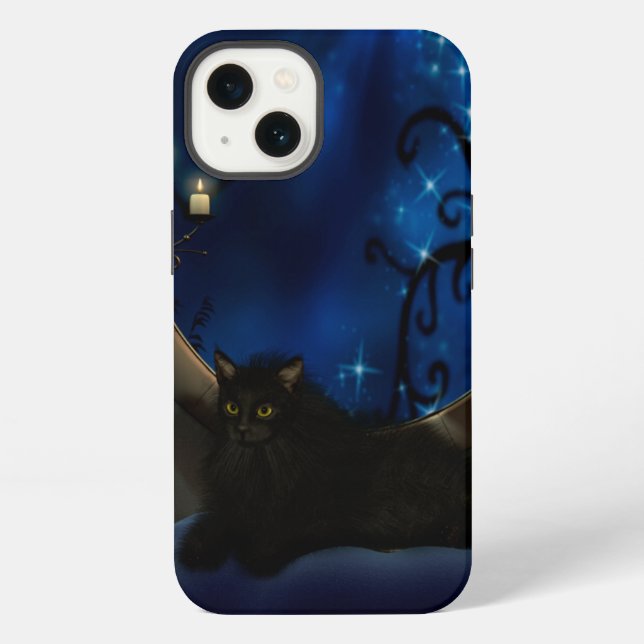 Mitternachtsblaue Fantasy-Katze iPhone Hülle (Rückseite)