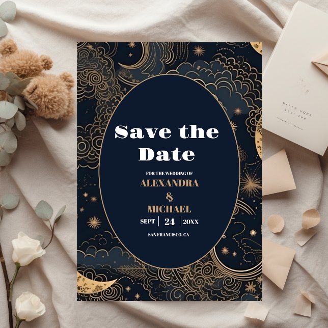 Mitternachtsblaue Goldene Himmlische Hochzeit Save The Date (Von Creator hochgeladen)