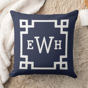 Mitternachtsblaue griechische Schlüssel-Monogramm- Kissen