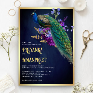 Mitternachtsblaue lila Blumen Indian Pfau Hochzeit Einladung
