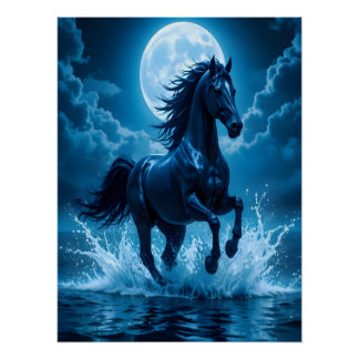 Mitternachtsblaue Pferd-Mond-Wandkunst | Geschenk- Poster
