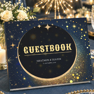 Mitternachtsblaue Sterne Mond Himmelshalo Hochzeit Gästebuch