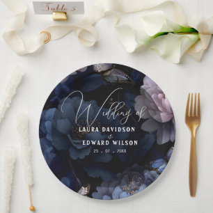 Mitternachtsblaue und violette Blumenhochzeitsanzu Pappteller