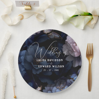 Mitternachtsblaue und violette Blumenhochzeitsanzu Pappteller