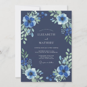 Mitternachtsblaue Wildblumenhochzeit Indigo Einladung