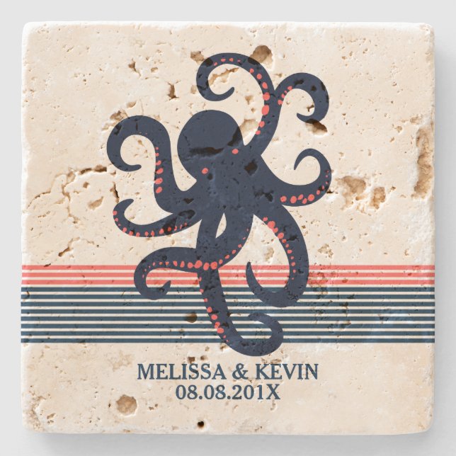 Mitternachtsblauer Kraken und dekorative Streifen Steinuntersetzer (Vorderseite)