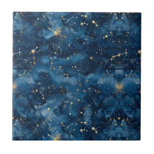 Mitternachtsblaues Gold Kosmischer Nebel Sternenst Fliese