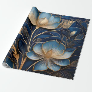 Mitternachtsblaues und goldenes Blumenfiligran Lux Geschenkpapier