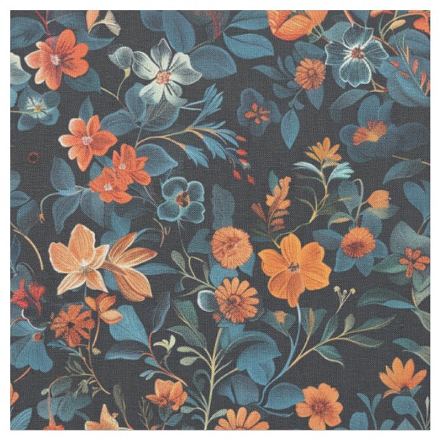 Mitternachtsblut: Orange und Blue Floral Symphony Stoff (Nahaufnahme)