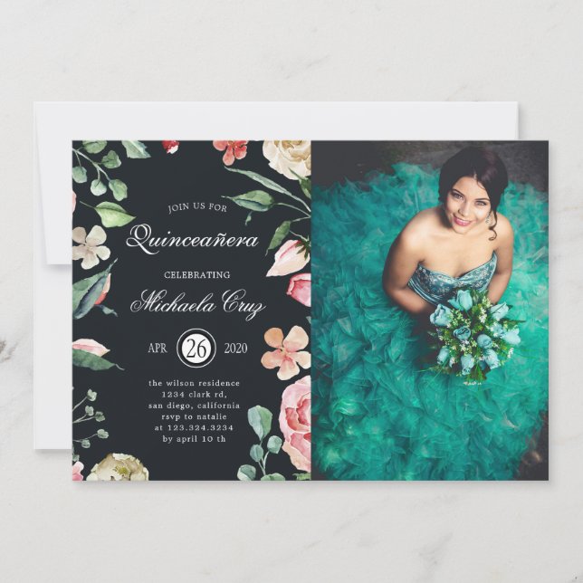 Mitternachtsblüte Blütenblüte Quinceanera Einladung (Vorderseite)