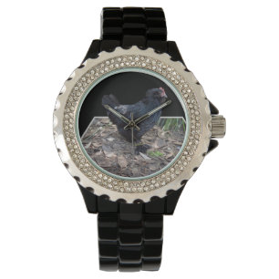 "Mitternachtsfedern: Ein schwarzes Huhn in Popout  Armbanduhr