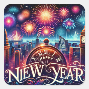 Mitternachtsfeier: Happy New Year Card Quadratischer Aufkleber