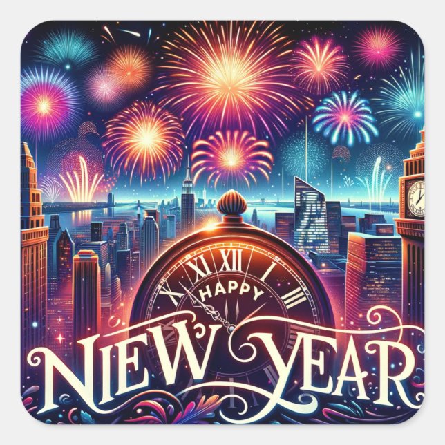 Mitternachtsfeier: Happy New Year Card Quadratischer Aufkleber (Vorderseite)