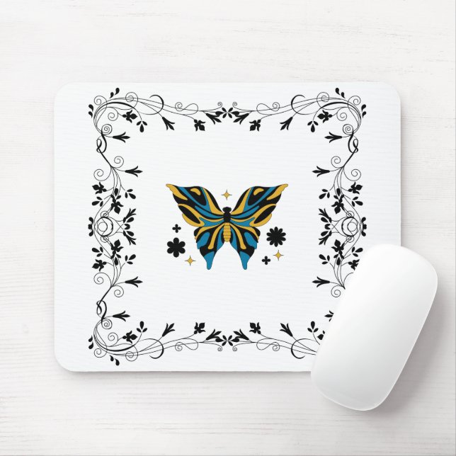 Mitternachtsflattern – Dunkles florales Schmetterl Mousepad (Mit Mouse)