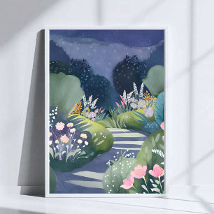 Mitternachtsgarten Wasserfarben-Blumenpfad Poster