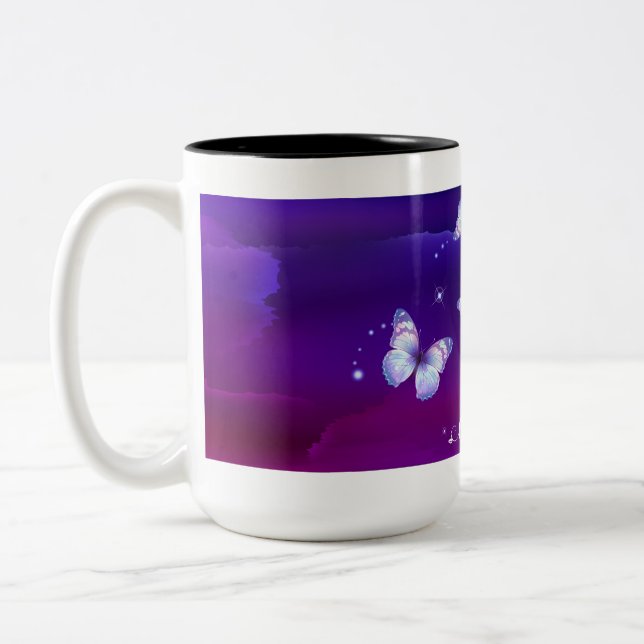 Mitternachtsmagie Butterfliegen Zweifarbige Tasse (Links)