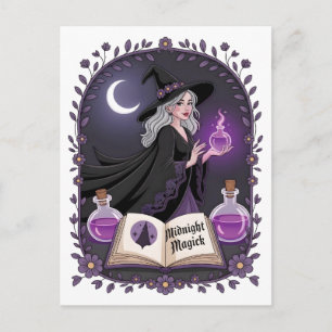 Mitternachtsmagie Illustration einer jungen Hexe Feiertagspostkarte