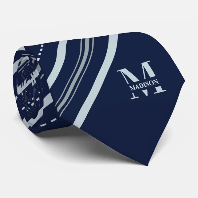 Mitternachtsnavy und graue Streifen mit Monogramm  Krawatte (Gerollt)