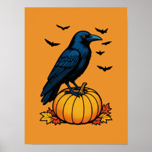 Mitternachtsrabe und Herbstkürbis Poster