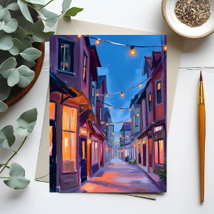 Mitternachtsspaziergang   Stadtstraße Aquarellmale Postkarte