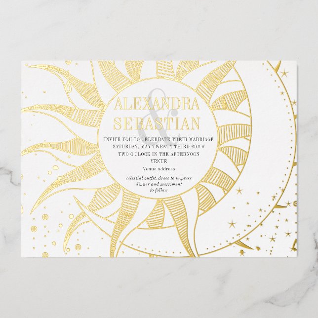 Mitternachtsstars Moon Sun Celestial Wedding Silve Folieneinladung (Vorderseite)