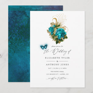 Mitternachtswald Fantasy Türkis und Gold Hochzeit Einladung