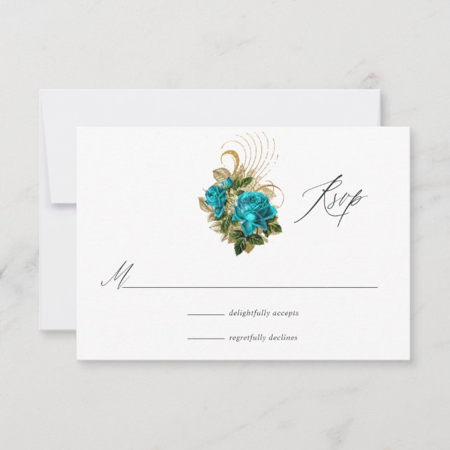 Mitternachtswald Fantasy Türkis und Gold Hochzeit RSVP Karte (Vorderseite)