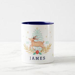 Mitternachtswald Rentier & Weihnachtsbaum Zweifarbige Tasse