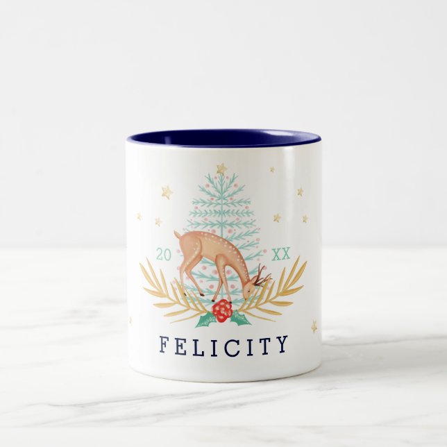 Mitternachtswald Rentier & Weihnachtsbaum Zweifarbige Tasse (Mittel)