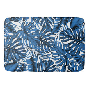 Mittlere Denimblaue Tropische Palmblätter Insel Badematte