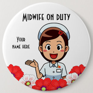 Mittlere Frau am Arbeitsplatz, Round Button