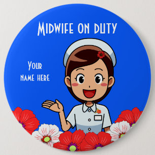 Mittlere Frau am Arbeitsplatz, Round Button