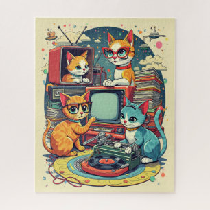 Mittlere Jahrhundertkatzen mit Retro-Platten & TV