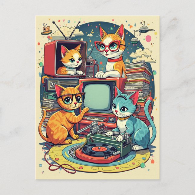 Mittlere Jahrhundertkatzen mit Retro-Platten & TV Postkarte (Vorderseite)
