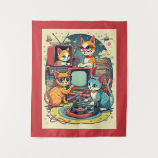Mittlere Jahrhundertkatzen mit Retro-Platten & TV Wandteppich