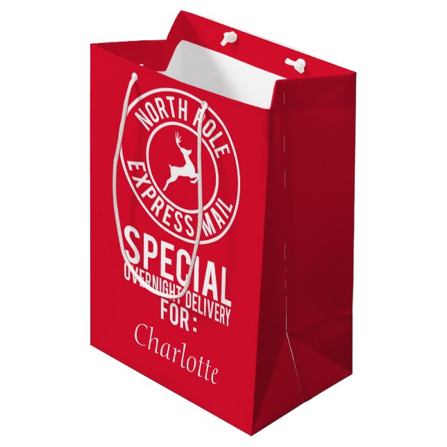 Mittlere Rote und weiße Nordpol Express-Postname Geschenktüte (Vorderseite Schrägansicht)