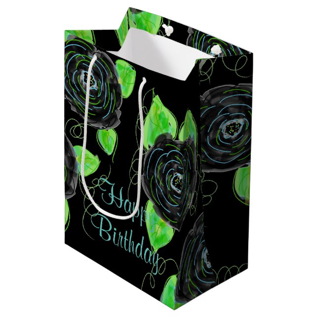 Mittlere schwarze Flower-Geschenktasche Geschenktüte (Vorderseite Schrägansicht)