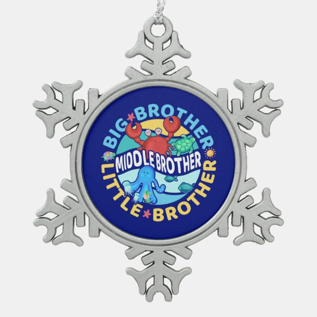 Mittlerer Bruder ist ein Groß und Kleiner Bruder Schneeflocken Zinn-Ornament (Vorderseite)