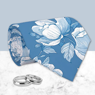 Mittleres Blau und Weiß Chinoiserie Blumen Krawatte